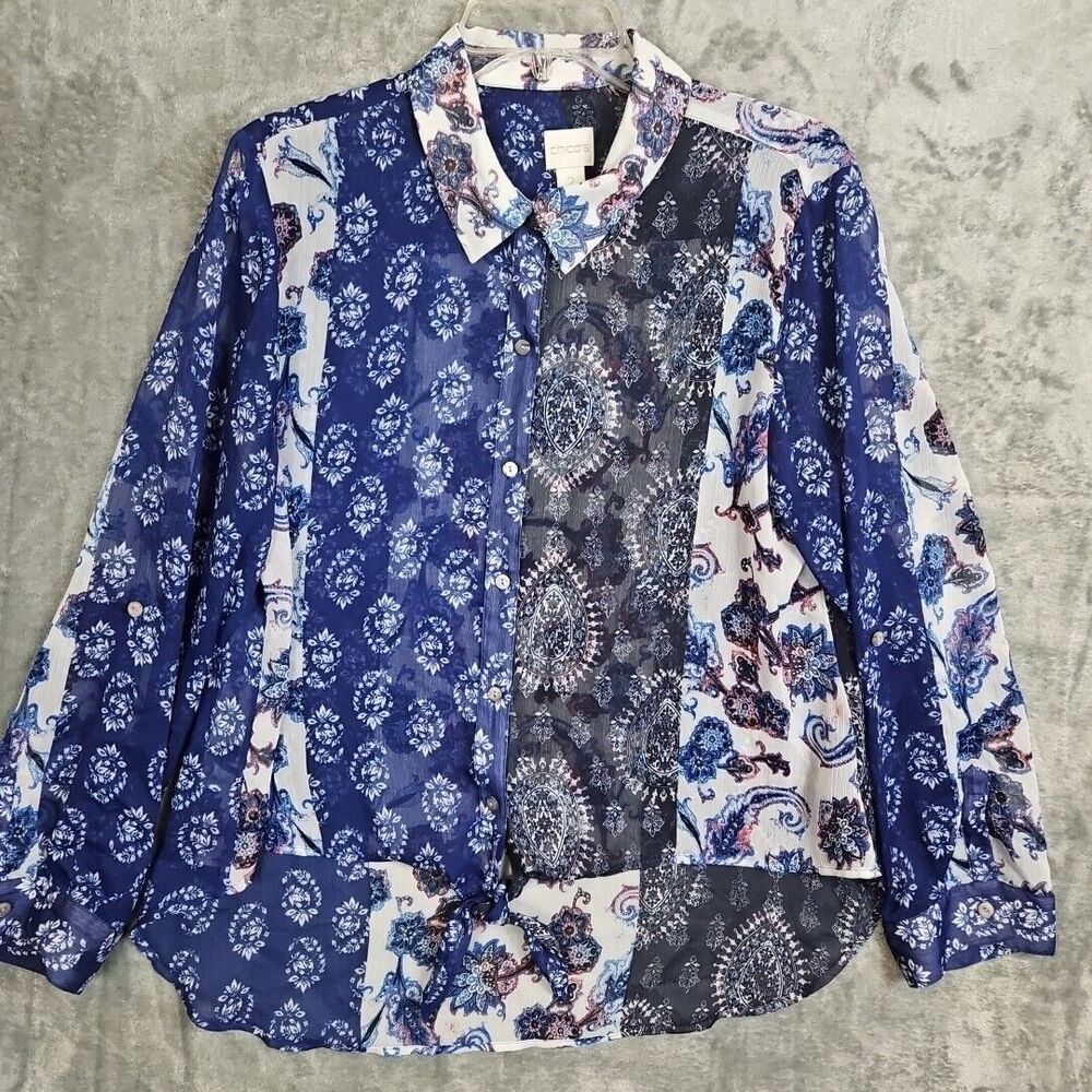 Chico's Women's  Sz Lg Blue Floral Semi Sheer Blouse Hi-lo